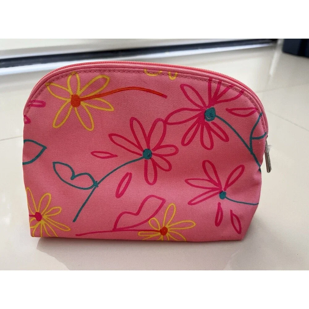 Clinique X Drawbertson Pink Floral Makeup Bag Zipper Cosmetic Pouch Travel NEW